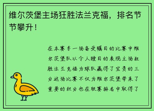 维尔茨堡主场狂胜法兰克福，排名节节攀升！