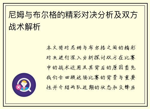 尼姆与布尔格的精彩对决分析及双方战术解析