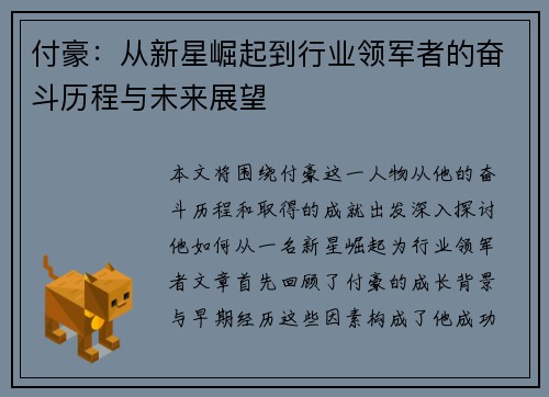 付豪：从新星崛起到行业领军者的奋斗历程与未来展望