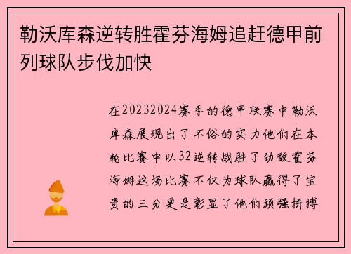 勒沃库森逆转胜霍芬海姆追赶德甲前列球队步伐加快