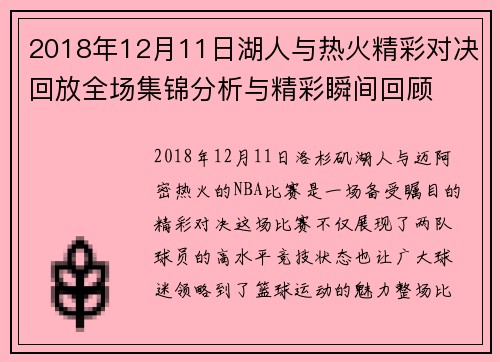 2018年12月11日湖人与热火精彩对决回放全场集锦分析与精彩瞬间回顾