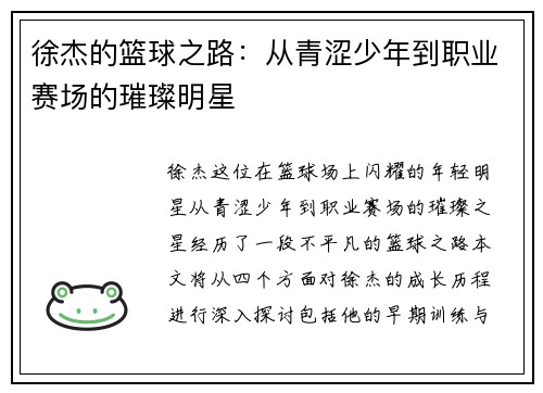 徐杰的篮球之路：从青涩少年到职业赛场的璀璨明星