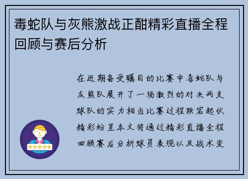 毒蛇队与灰熊激战正酣精彩直播全程回顾与赛后分析