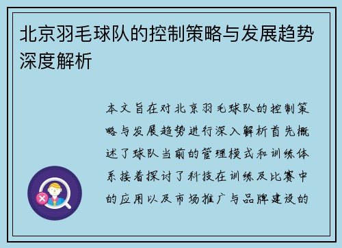 北京羽毛球队的控制策略与发展趋势深度解析