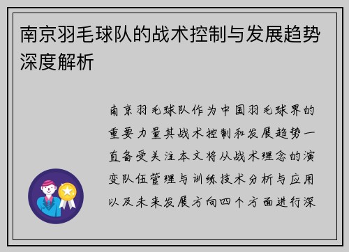 南京羽毛球队的战术控制与发展趋势深度解析
