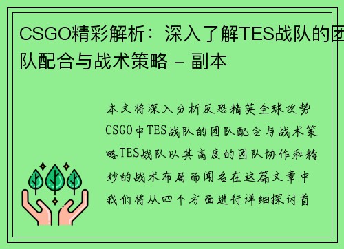 CSGO精彩解析：深入了解TES战队的团队配合与战术策略 - 副本