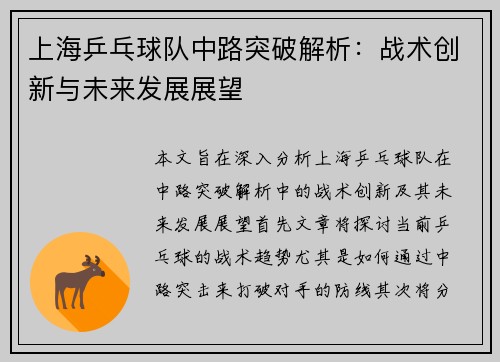 上海乒乓球队中路突破解析：战术创新与未来发展展望